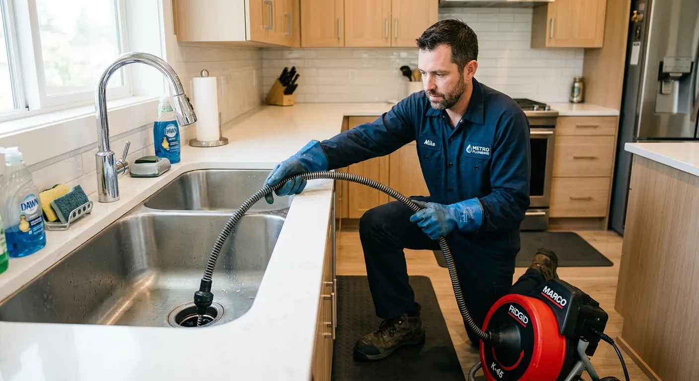 Drain cleaning technician using a motorized snake on a kitchen sink in Coweta