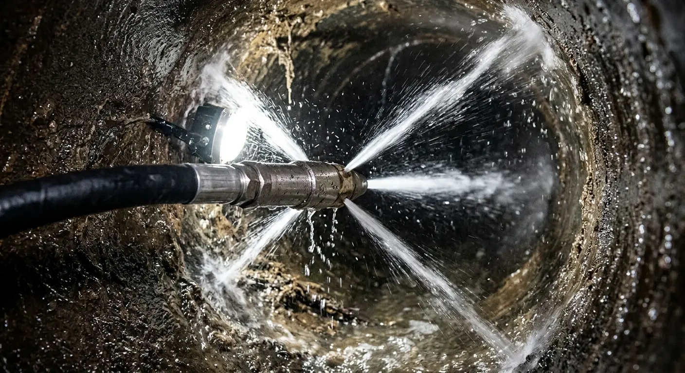 High-pressure hydro jetting nozzle cleaning sewer pipe for Sewer Cleanout in Coweta