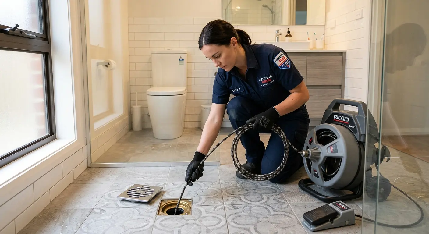 Technician clearing a bathroom floor drain for Hydro Jetting in Coweta